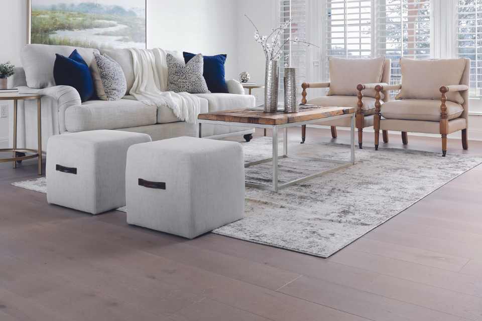 grey-toned hardwood in contemporary living room with grey furniture and area rug